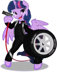 Size: 1280x1628 | Tagged: safe, artist:illumnious, artist:kp-shadowsquirrel, artist:totallynotabronyfim, derpibooru import, edit, twilight sparkle, twilight sparkle (alicorn), alicorn, pony, bipedal, clothes, fanfic art, female, fire suit, hose, mare, smiling, solo, tire, wrench