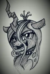 Size: 993x1465 | Tagged: safe, artist:heavymetalbronyyeah, derpibooru import, queen chrysalis, changeling, changeling queen, adoracreepy, bust, choker, creepy, cute, cutealis, ear piercing, earring, female, grayscale, looking at you, monochrome, open mouth, piercing, portrait, smiling, solo, spiked choker, tongue out, traditional art