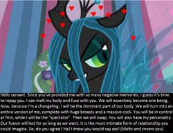 Size: 850x656 | Tagged: anthro, bronybait, caption, changeling, changeling queen, derpibooru import, edit, edited screencap, female, fusion, futa, futa queen chrysalis, human to changeling, implied futa, implied transformation, intersex, meta, oc, oc:anon, queen chrysalis, rule 63, screencap, solo, suggestive, transformation, transgender transformation