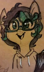Size: 486x800 | Tagged: artist:hippykat13, clothes, curly hair, cute, derpibooru import, ear piercing, earring, freckles, glasses, hoodie, jewelry, oc, oc:kitty sweet, open mouth, piercing, ponysona, safe, short hair, short mane, sketch, smiling, solo, traditional art, unofficial characters only