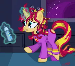 Size: 900x800 | Tagged: safe, artist:sunsetcrady, derpibooru import, sunset shimmer, pony, unicorn, equestria girls, rainbow rocks, clothes, hair curlers, pajamas, scene interpretation, slippers, solo, whipped cream