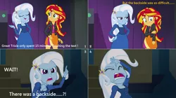 Size: 1109x619 | Tagged: safe, artist:foxy1219, derpibooru import, sunset shimmer, trixie, equestria girls, rainbow rocks, image, png, screencap comic