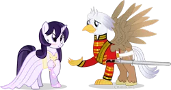 Size: 1231x649 | Tagged: safe, artist:vector-brony, derpibooru import, oc, oc:mage, oc:silver quill, unofficial characters only, classical hippogriff, hippogriff, pony, unicorn, blushing, clothes, cross-eyed, cute, dress, female, male, oc x oc, raised hoof, shipping, smiling, spread wings, straight, sword, uniform, weapon