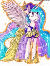 Size: 1623x2135 | Tagged: artist:pfdanonrain99, clothes, derpibooru import, dress, hat, princess celestia, safe, solo, spread wings, traditional art