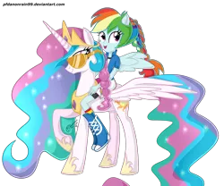 Size: 4000x3333 | Tagged: safe, artist:pfdanonrain99, derpibooru import, princess celestia, rainbow dash, equestria girls, alternative cutie mark placement, braid, facial cutie mark, humans riding ponies, open mouth, ponied up, raised hoof, riding, simple background, smiling, spread wings, sunglasses, transparent background