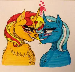 Size: 1280x1218 | Tagged: safe, artist:lorelei, derpibooru import, sunset shimmer, trixie, pony, unicorn, blushing, chest fluff, female, fluffy, lesbian, shipping, smiling, suntrix, traditional art