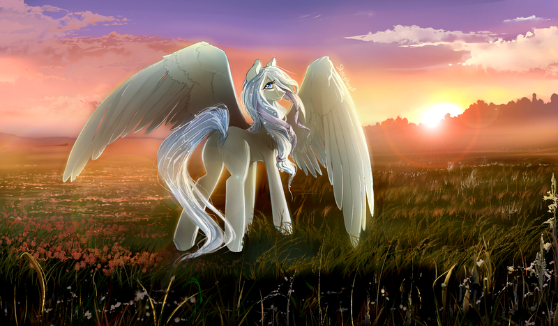 Size: 1300x760 | Tagged: artist:skyeypony, cloud, cloudy, crepuscular rays, derpibooru import, featureless crotch, flower, grass, lens flare, looking back, meadow, mountain, oc, oc:morning dew, safe, scenery, scenery porn, sky, solo, spread wings, sunset, unofficial characters only