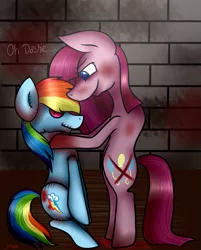 Size: 1475x1833 | Tagged: grimdark, artist:carl-the-cupcake, derpibooru import, pinkie pie, rainbow dash, earth pony, pony, fanfic:cupcakes, bipedal, blood, button eyes, death, female, mare, pinkamena diane pie, stitches, x eyes