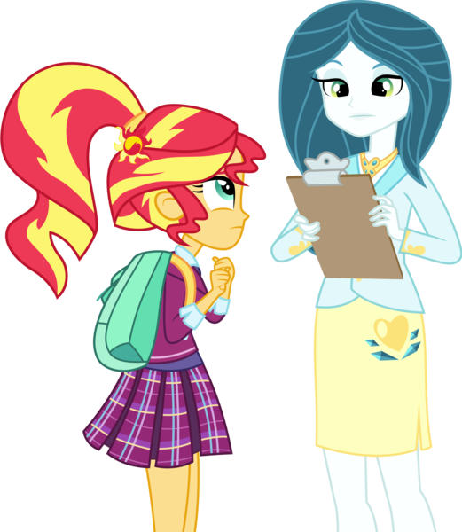 Size: 3408x3923 | Tagged: safe, artist:xebck, derpibooru import, queen chrysalis, sunset shimmer, equestria girls, friendship games, alternate hairstyle, alternate universe, backpack, clipboard, clothes, crystal prep academy, crystal prep academy uniform, crystal prep shadowbolts, equestria girls-ified, necklace, pleated skirt, school uniform, skirt