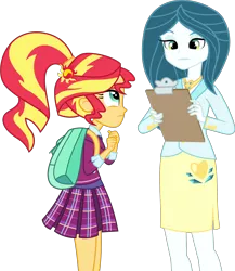 Size: 3408x3923 | Tagged: safe, artist:xebck, derpibooru import, queen chrysalis, sunset shimmer, equestria girls, friendship games, alternate hairstyle, alternate universe, backpack, clipboard, clothes, crystal prep academy, crystal prep academy uniform, crystal prep shadowbolts, equestria girls-ified, necklace, pleated skirt, school uniform, skirt