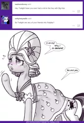Size: 740x1091 | Tagged: suggestive, artist:deusexequus, derpibooru import, big macintosh, twilight sparkle, twilight sparkle (alicorn), alicorn, pony, ask the princess of friendship with benefits, brotherhooves social, ask, beneath clothes, blushing, clothes, crossdressing, dialogue, dress, female, female on male, femdom, implied blowjob, implied oral, implied sex, male, malesub, mare, orchard blossom, raised hoof, shipping, speech bubble, straight, submissive, tumblr, twimac, wig