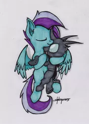 Size: 1000x1388 | Tagged: safe, artist:shikogo, derpibooru import, oc, oc:lightning bug, unofficial characters only, changeling, pegasus, pony, cuddling, cute, cuteling, hug, snuggling, traditional art