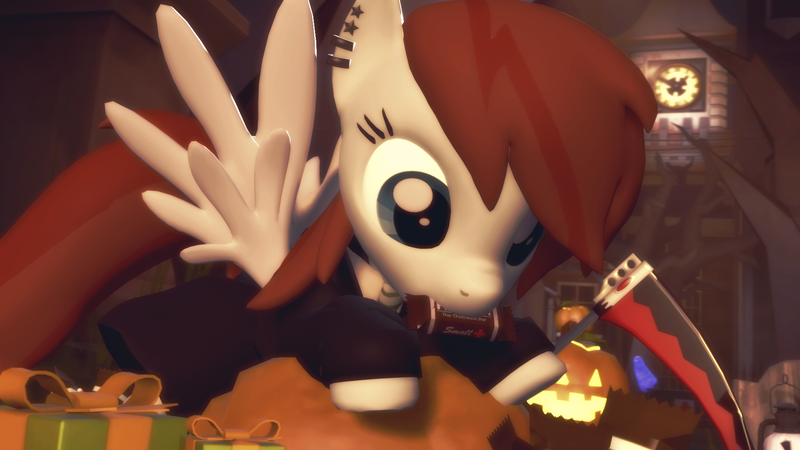 Size: 1920x1080 | Tagged: 3d, artist:d3athbox, chocolate, clock tower, derpibooru import, halloween, holiday, jack-o-lantern, maka, mouth hold, oc, oc:spectrum, pumpkin, safe, solo, soul eater, source filmmaker, unofficial characters only