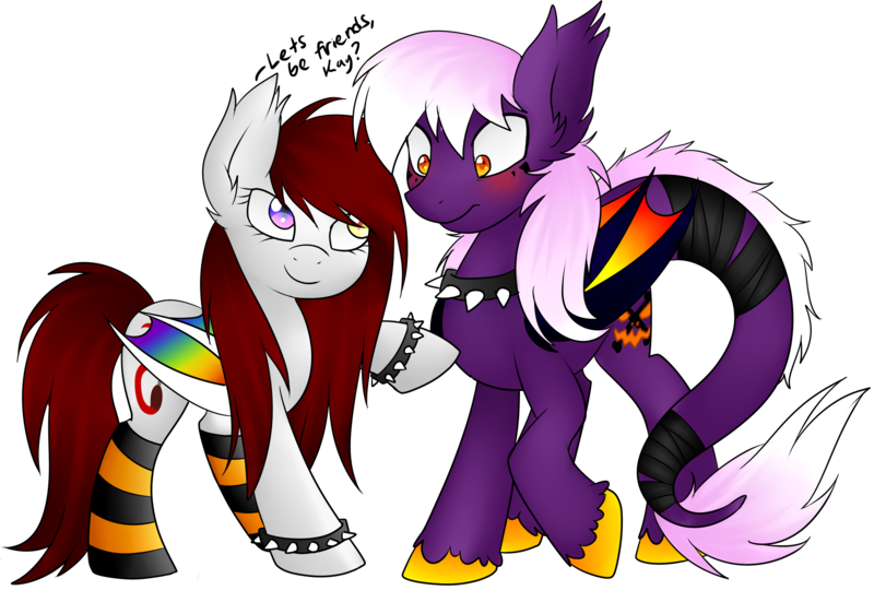 Size: 2950x2032 | Tagged: safe, artist:scarlet-spectrum, derpibooru import, oc, oc:nightmare prankster, oc:scarlet spectrum, unofficial characters only, bat pony, pony, blushing, bracelet, choker, clothes, dialogue, raised hoof, simple background, smiling, socks, spiked choker, spiked wristband, striped socks, transparent background