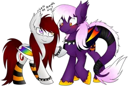 Size: 2950x2032 | Tagged: safe, artist:scarlet-spectrum, derpibooru import, oc, oc:nightmare prankster, oc:scarlet spectrum, unofficial characters only, bat pony, pony, blushing, bracelet, choker, clothes, dialogue, raised hoof, simple background, smiling, socks, spiked choker, spiked wristband, striped socks, transparent background
