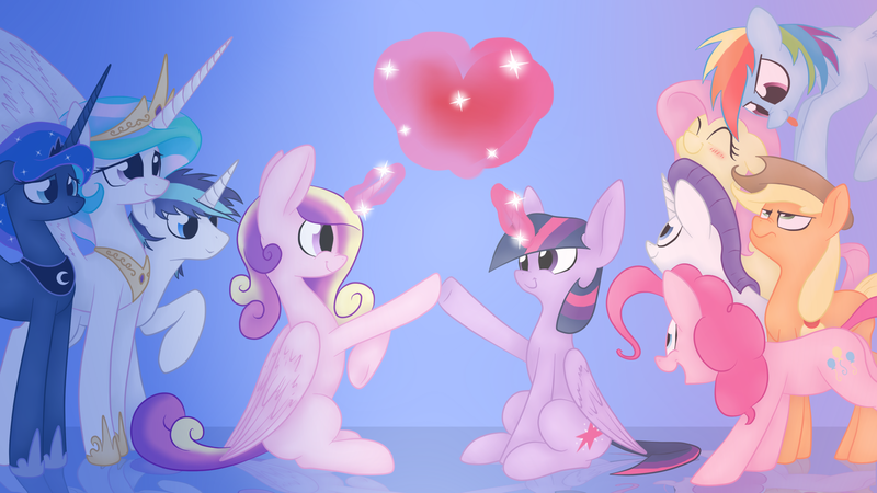 Size: 1920x1080 | Tagged: safe, artist:lunicmlp, derpibooru import, edit, applejack, fluttershy, pinkie pie, princess cadance, princess celestia, princess luna, rainbow dash, rarity, shining armor, twilight sparkle, twilight sparkle (alicorn), alicorn, pony, :p, alicorn tetrarchy, blushing, cute, eyes closed, female, floppy ears, frown, glare, happy, heart, hoofbump, magic, mane six, mare, missing accessory, missing freckles, raised hoof, sitting, smiling, smirk, tongue out, unamused, underhoof, underpable is trying to murder us