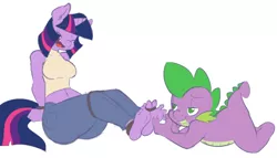 Size: 1280x731 | Tagged: suggestive, artist:sweethd, derpibooru import, spike, twilight sparkle, anthro, plantigrade anthro, barefoot, belly button, bondage, breasts, eyes closed, feet, female, foot fetish, laughing, male, maledom, open mouth, rope, shipping, simple background, straight, tickling, toe tied, toes, twispike, white background