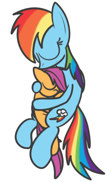 Size: 489x791 | Tagged: artist:mr. rottson, backwards cutie mark, cuddling, cute, derpibooru import, eyes closed, hug, rainbow dash, safe, scootaloo, scootalove, simple background, smiling, snuggling, transparent background