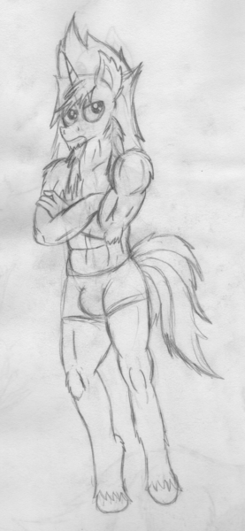 Size: 1497x3247 | Tagged: abs, anthro, anthro oc, artist:mane-shaker, boxers, clothes, crotch bulge, derpibooru import, male, monochrome, muscles, oc, oc:mane shaker, questionable, solo, topless, traditional art, underwear, unguligrade anthro, unofficial characters only