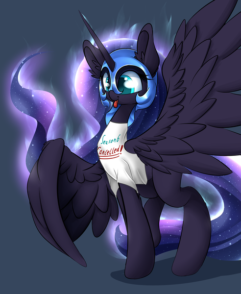 Size: 2500x3050 | Tagged: safe, artist:madacon, derpibooru import, nightmare moon, alicorn, pony, season 6, :p, clothes, cute, ear fluff, moonabetes, nightmare mlem, pure unfiltered evil, simple background, solo, spread wings, t-shirt, tongue out, troll