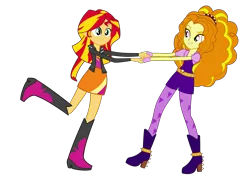 Size: 5000x3535 | Tagged: safe, artist:jdbener, derpibooru import, adagio dazzle, sunset shimmer, equestria girls, .svg available, absurd resolution, boots, clothes, dancing, female, fingerless gloves, gloves, high heels, holding hands, leather jacket, lesbian, ponyscape, raised leg, request, shipper on deck, shipping, shoes, simple background, skirt, spikes, sunsagio, transparent background, vector