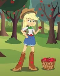 Size: 2361x3000 | Tagged: safe, artist:amante56, artist:matty4z, derpibooru import, applejack, equestria girls, apple, basket, boots, clothes, cowboy boots, cowboy hat, denim skirt, freckles, hand on hip, hat, heart, roses and hearts 2015, skirt, solo, stetson