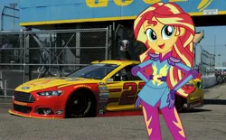 Size: 4608x2860 | Tagged: safe, derpibooru import, sunset shimmer, equestria girls, friendship games, absurd resolution, car, equestria girls in real life, ford, ford fusion, joey logano, looking at you, nascar, photo, race track, racecar, solo, wondercolts