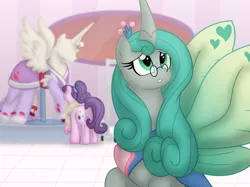 Size: 1180x882 | Tagged: safe, artist:faith-wolff, derpibooru import, queen chrysalis, suri polomare, alicorn, changeling, changeling queen, earth pony, pony, fanfic:the bridge, fanfic:the bridge: sound of thunder, clothes, dark mirror universe, dress, duchess chrysalis, duo, female, mannequin, mare, mirror universe, pince-nez, ponyquin, reversalis, story included