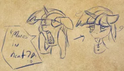 Size: 926x534 | Tagged: suggestive, artist:post-it, derpibooru import, twilight sparkle, :p, before and after, drool, estrus, female, floppy ears, monochrome, open mouth, panic, sketch, solo, solo female, squishy cheeks, tongue out, wide eyes