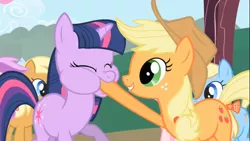 Size: 1366x768 | Tagged: safe, derpibooru import, screencap, apple fritter, applejack, twilight sparkle, earth pony, pony, unicorn, friendship is magic, apple family member, chubby cheeks, cowboy hat, eating, female, hat, hoof in mouth, hoofjack, mare