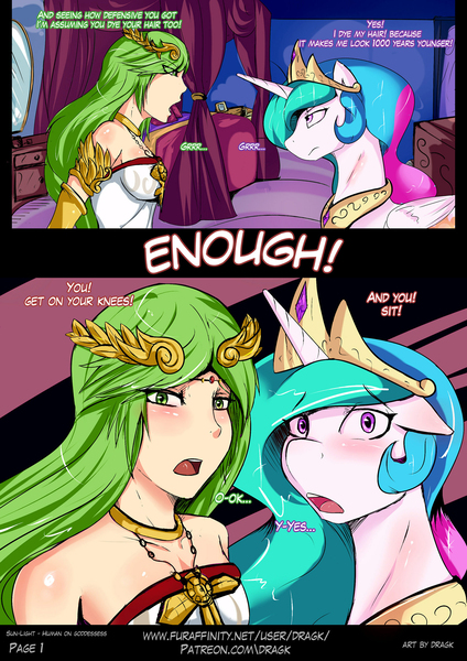 Size: 1488x2104 | Tagged: angry, artist:dragk, comic, comic:sun-light - human on goddessess, crossover, derpibooru import, dialogue, imminent sex, imminent threesome, kid icarus, offscreen character, palutena, princess celestia, safe, self insert, speech bubble, yelling