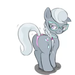 Size: 1280x1280 | Tagged: suggestive, artist:wolfnanaki, derpibooru import, silver spoon, earth pony, pony, bedroom eyes, butt shake, clothes, female, filly, foalcon, glasses, jewelry, looking back, necklace, panties, pearl, pearl necklace, plot, raised tail, silverbutt, simple background, smirk, solo, thong, underwear, white background