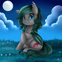 Size: 3112x3112 | Tagged: safe, artist:pridark, derpibooru import, oc, oc:nightshine, unofficial characters only, bat pony, pony, cute, cute little fangs, moon, solo