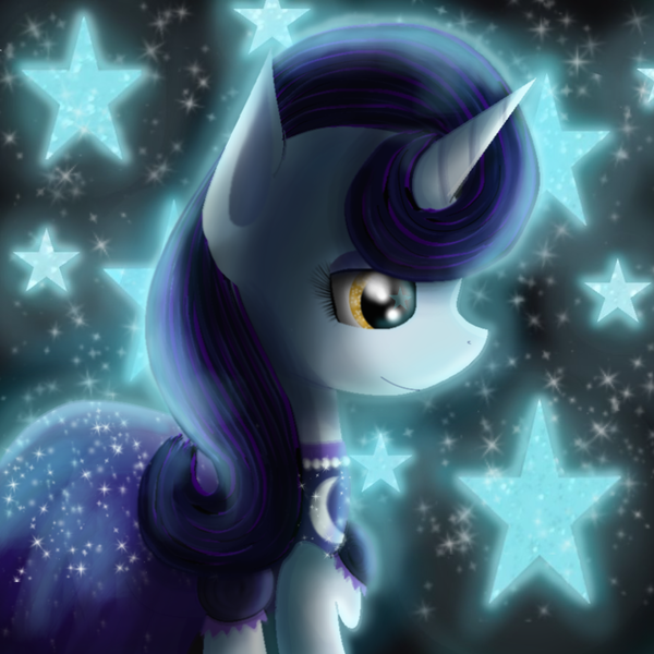 Size: 900x900 | Tagged: safe, artist:chanceyb, derpibooru import, moonlight raven, pony, unicorn, canterlot boutique, clothes, dress, female, mare, over the moon, solo, sparkles, stars
