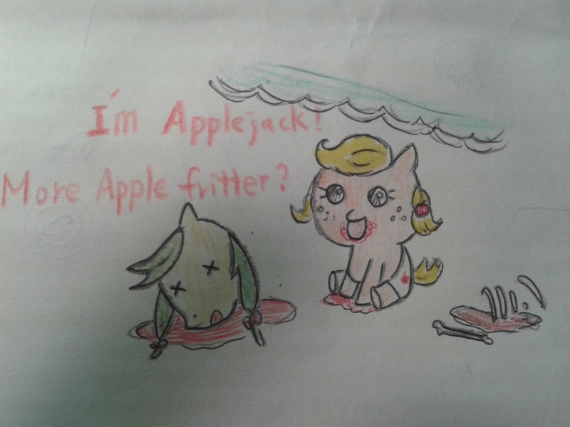 Size: 2560x1920 | Tagged: apple family member, apple family reunion, apple fritter, applejack, artist needed, babyjack, blood, cannibalism, crossing the line twice, dead, death, decapitated, derpibooru import, implied murder, pun, ribcage, semi-grimdark, severed head, traditional art, visual pun, we are going to hell, x eyes