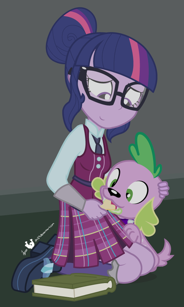 Size: 540x900 | Tagged: safe, artist:dm29, derpibooru import, sci-twi, spike, spike the regular dog, twilight sparkle, dog, equestria girls, friendship games, adorkable, clothes, crystal prep academy uniform, cute, daaaaaaaaaaaw, dog biscuit, dork, duo, hnnng, julian yeo is trying to murder us, school uniform, twiabetes