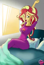 Size: 1000x1451 | Tagged: safe, artist:burnt-sprinkles, derpibooru import, sunset shimmer, equestria girls, bed, clothes, pajamas, solo, waking up