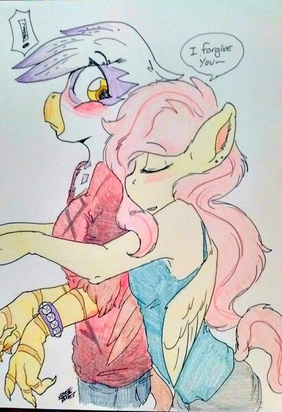 Size: 1440x2100 | Tagged: safe, artist:spark-theory, derpibooru import, fluttershy, gilda, anthro, gryphon, cute, female, gildadorable, gildashy, lesbian, shipping, traditional art