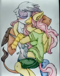 Size: 1440x1818 | Tagged: safe, artist:spark-theory, derpibooru import, fluttershy, gilda, anthro, gryphon, belly button, clothes, female, gildashy, lesbian, magical lesbian spawn, off shoulder, offspring, pregnant, shipping, traditional art