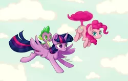 Size: 1178x750 | Tagged: safe, artist:chiuuchiuu, derpibooru import, pinkie pie, spike, twilight sparkle, twilight sparkle (alicorn), alicorn, dragon, pony, dragons riding ponies, female, flying, mare, pinkie being pinkie, pinkie physics, pinkiecopter, tailcopter