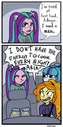 Size: 1000x2000 | Tagged: safe, artist:puffpink, derpibooru import, adagio dazzle, aria blaze, sonata dusk, equestria girls, 2 panel comic, angry, car, car interior, clothes, comic, dialogue, driving, female, mamadagio, mcdonald's, open mouth, speech bubble, sweatshirt, the dazzlings, unamused, yelling