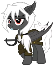 Size: 1951x2385 | Tagged: safe, artist:zacatron94, derpibooru import, oc, oc:captain white, unofficial characters only, bat pony, pony, vampire, vampony, clothes, cutlass, female, mare, pirate, simple background, solo, species swap, sword, transparent background, trenchcoat, weapon