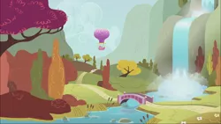 Size: 1920x1080 | Tagged: autumn, bridge, derpibooru import, fall weather friends, hill, hot air balloon, pinkie pie, river, safe, scenery, screencap, spike, tree, twinkling balloon, waterfall