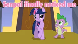 Size: 960x540 | Tagged: safe, derpibooru import, edit, edited screencap, screencap, spike, twilight sparkle, the crystal empire, blushing, blush sticker, image macro, meme, pink text, senpai noticed me