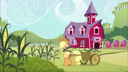 Size: 1920x1080 | Tagged: safe, derpibooru import, screencap, applejack, earth pony, pony, the return of harmony, corn, female, harvest, maize, mare, mouth hold, solo, sweet apple acres