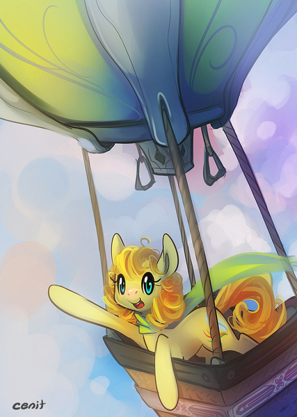 Size: 835x1173 | Tagged: artist:cenit-v, clothes, derpibooru import, hot air balloon, oc, oc:chidey, safe, scarf, solo, unofficial characters only, waving