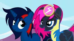 Size: 1024x577 | Tagged: artist:noah-x3, couple, derpibooru import, goggles, oc, oc:neon flare, oc:serene, ribbon, safe, unofficial characters only, wonderbolt trainee uniform