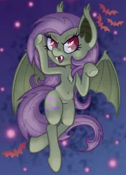 Size: 886x1232 | Tagged: safe, artist:matteglaze, derpibooru import, fluttershy, bat, bat pony, pony, semi-anthro, belly button, fangs, flutterbat, growling, solo, wingding eyes