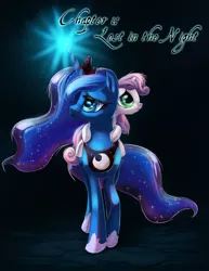 Size: 833x1078 | Tagged: safe, artist:t0xiceye, derpibooru import, princess luna, sweetie belle, alicorn, pony, unicorn, black background, cover art, dark, empty darkness, fanfic art, female, filly, frown, glowing horn, gradient background, hug, lidded eyes, light, looking up, mare, ponies riding ponies, raised hoof, sad, scared, simple background, text, walking, worried
