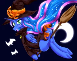 Size: 1429x1133 | Tagged: artist:nipa, bat, broom, crescent moon, derpibooru import, fangs, floppy ears, flying, flying broomstick, hat, jack-o-lantern, looking at you, moon, night, pixiv, plot, princess luna, pumpkin, safe, solo, underhoof, witch, witch hat